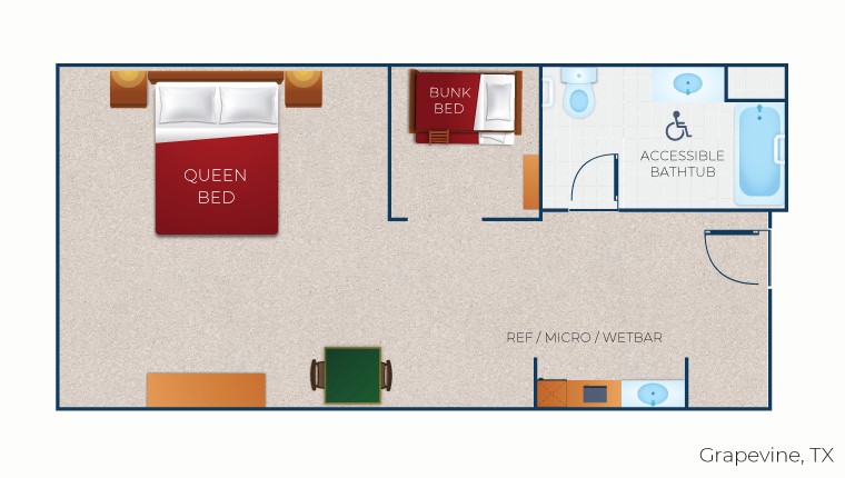 The floor plan for the accessible bathtub Wolf Den Suite